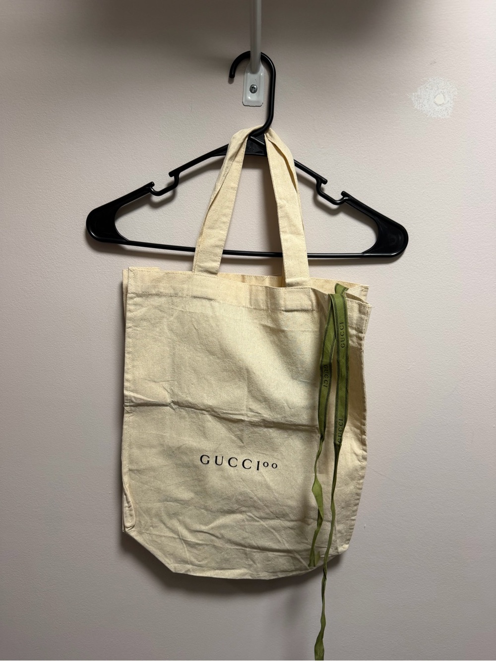 Gucci Cream Canvas Tote with Green Ribbon Accent